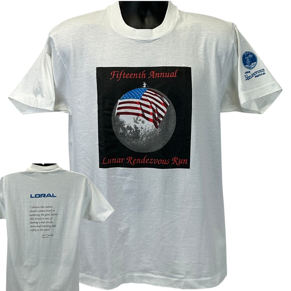 Vintage 90s Lunar Rendezvous Festival T Shirt Apollo 11 JFK Quote White L Large